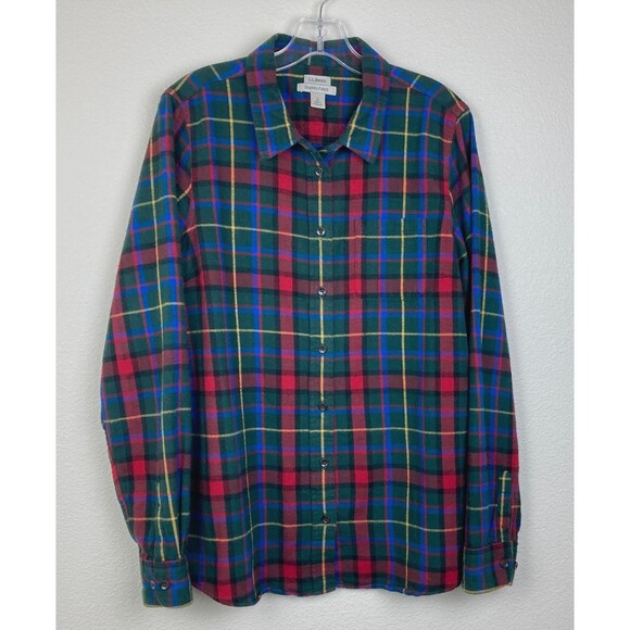 L.L. Bean Womens Relaxed Fit Flannel Shirt Size L Green Blue Red Plaid Button Up - Picture 1 of 6